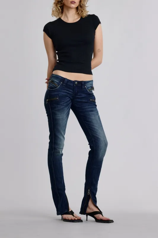 Camille Super Low-Rise Moto Skinny Jeans in Dark Blue made by Rock Revival