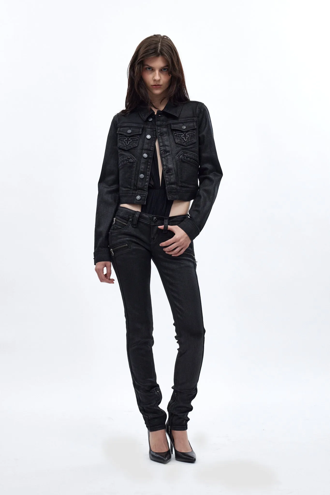 Gwen Cropped Fitted Denim Jacket in Black Coating sold by Rock Revival product image thumbnail 3