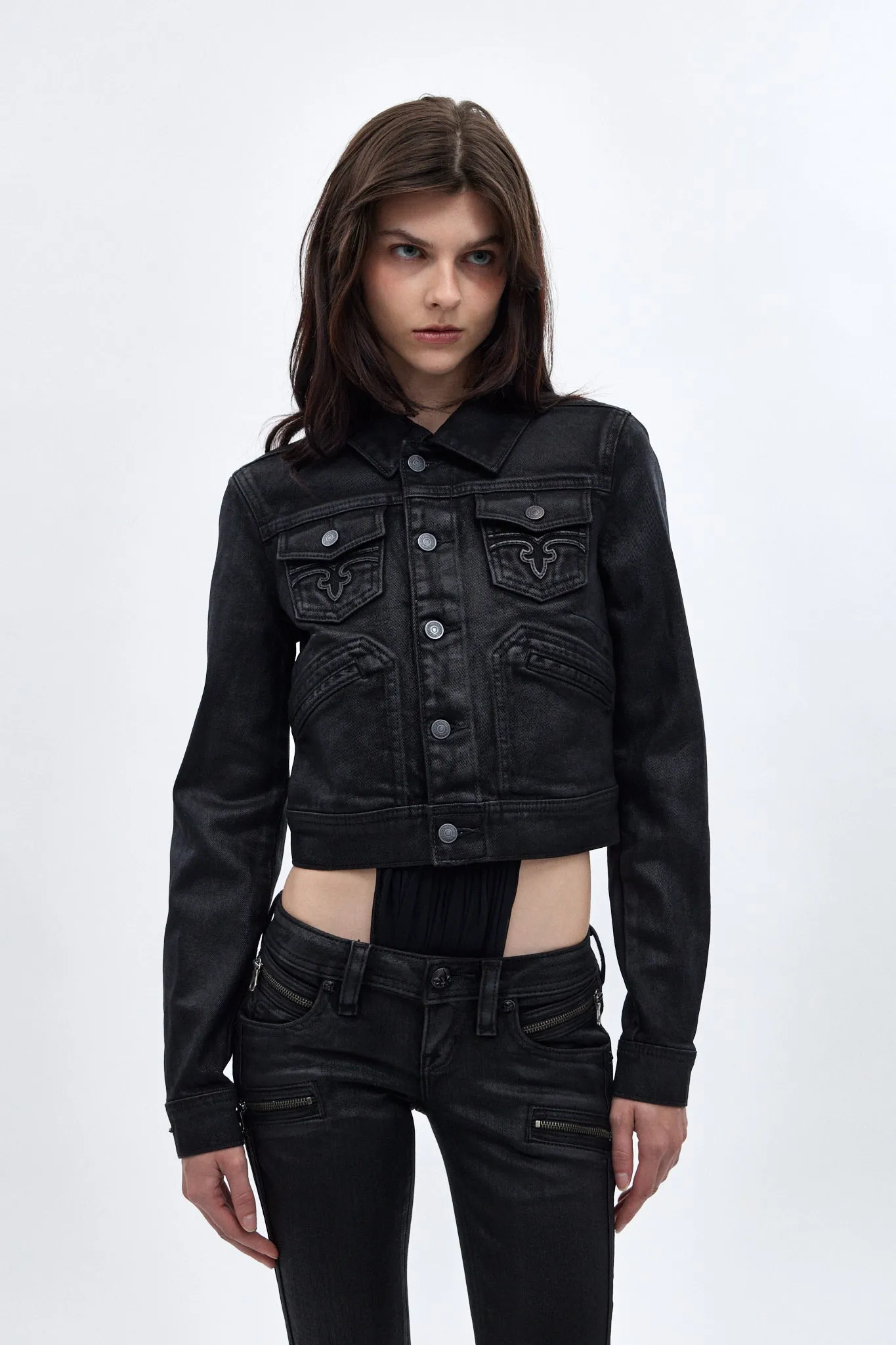 Gwen Cropped Fitted Denim Jacket in Black Coating sold by Rock Revival
