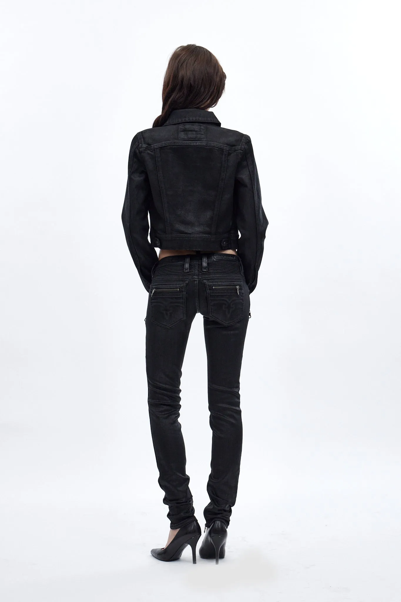 Gwen Cropped Fitted Denim Jacket in Black Coating sold by Rock Revival product image thumbnail 4
