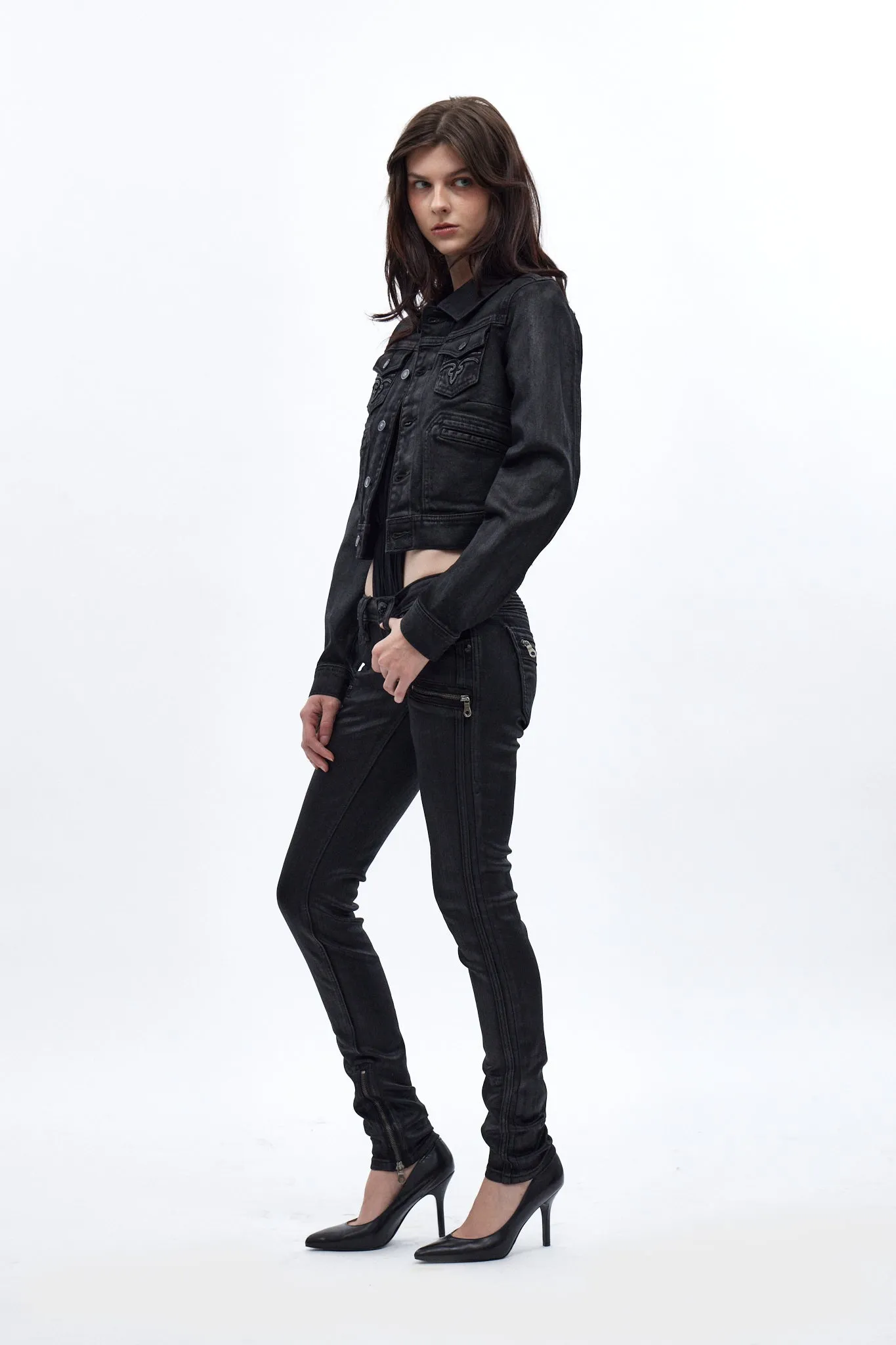 Gwen Cropped Fitted Denim Jacket in Black Coating sold by Rock Revival product image thumbnail 5