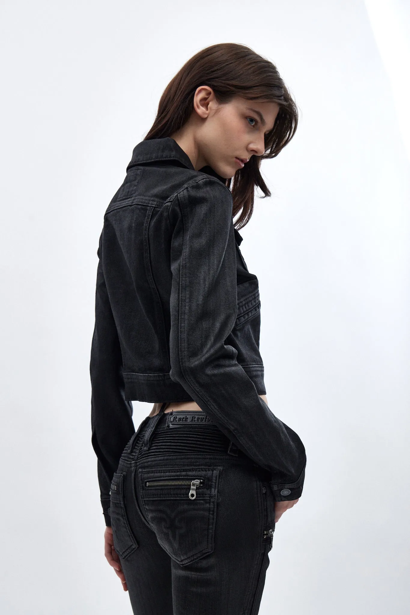 Gwen Cropped Fitted Denim Jacket in Black Coating sold by Rock Revival product image thumbnail 2