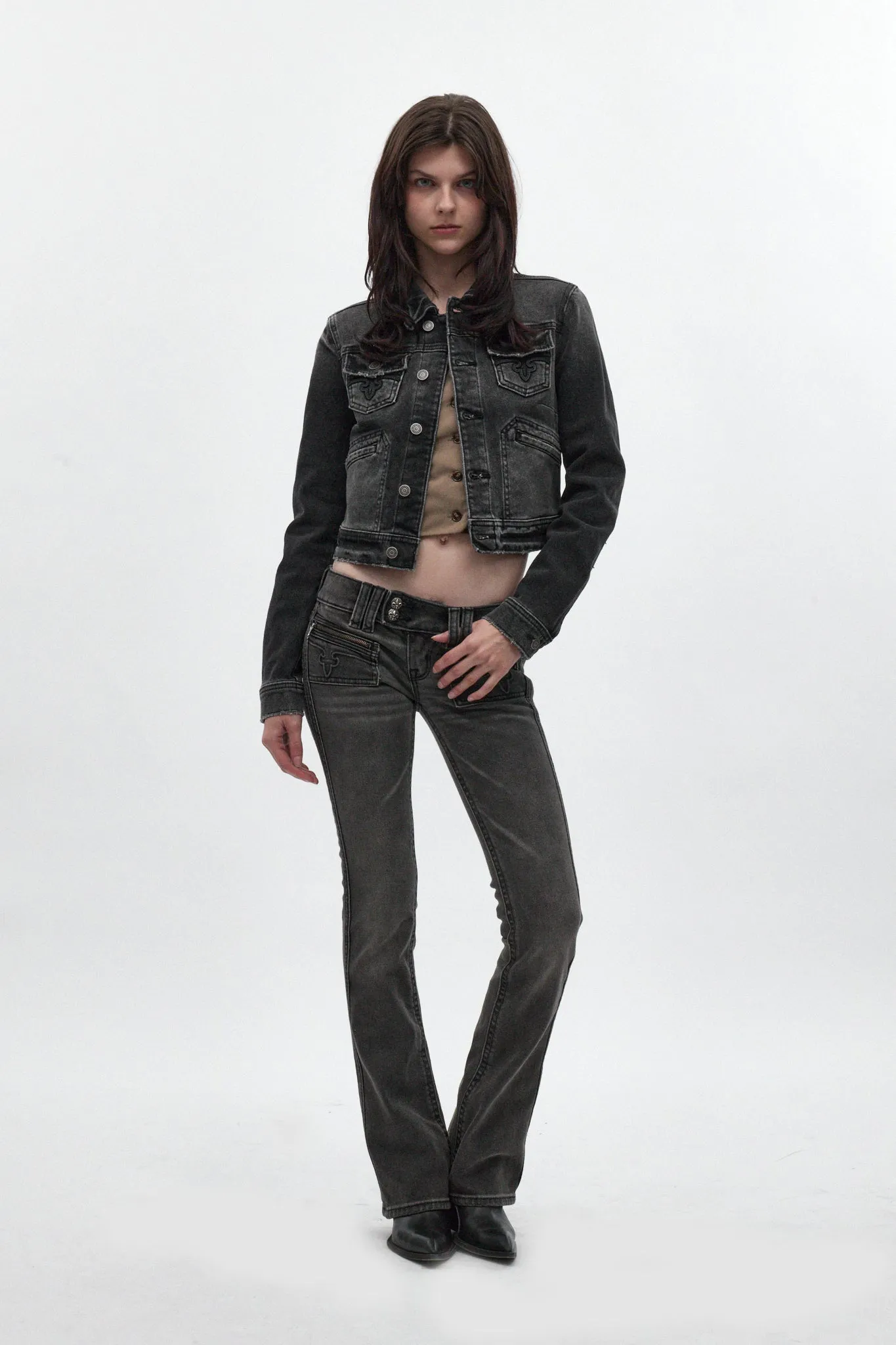 Gwen Cropped Fitted Denim Jacket in Black Washed sold by Rock Revival product image thumbnail 3