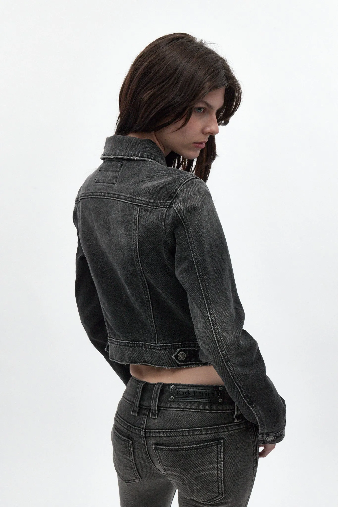 Gwen Cropped Fitted Denim Jacket in Black Washed sold by Rock Revival product image thumbnail 2