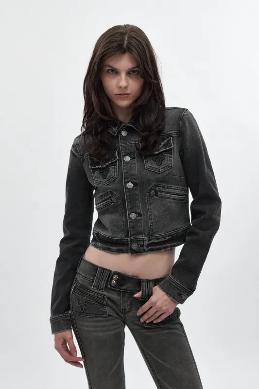 Gwen Cropped Fitted Denim Jacket in Black Washed made by Rock Revival