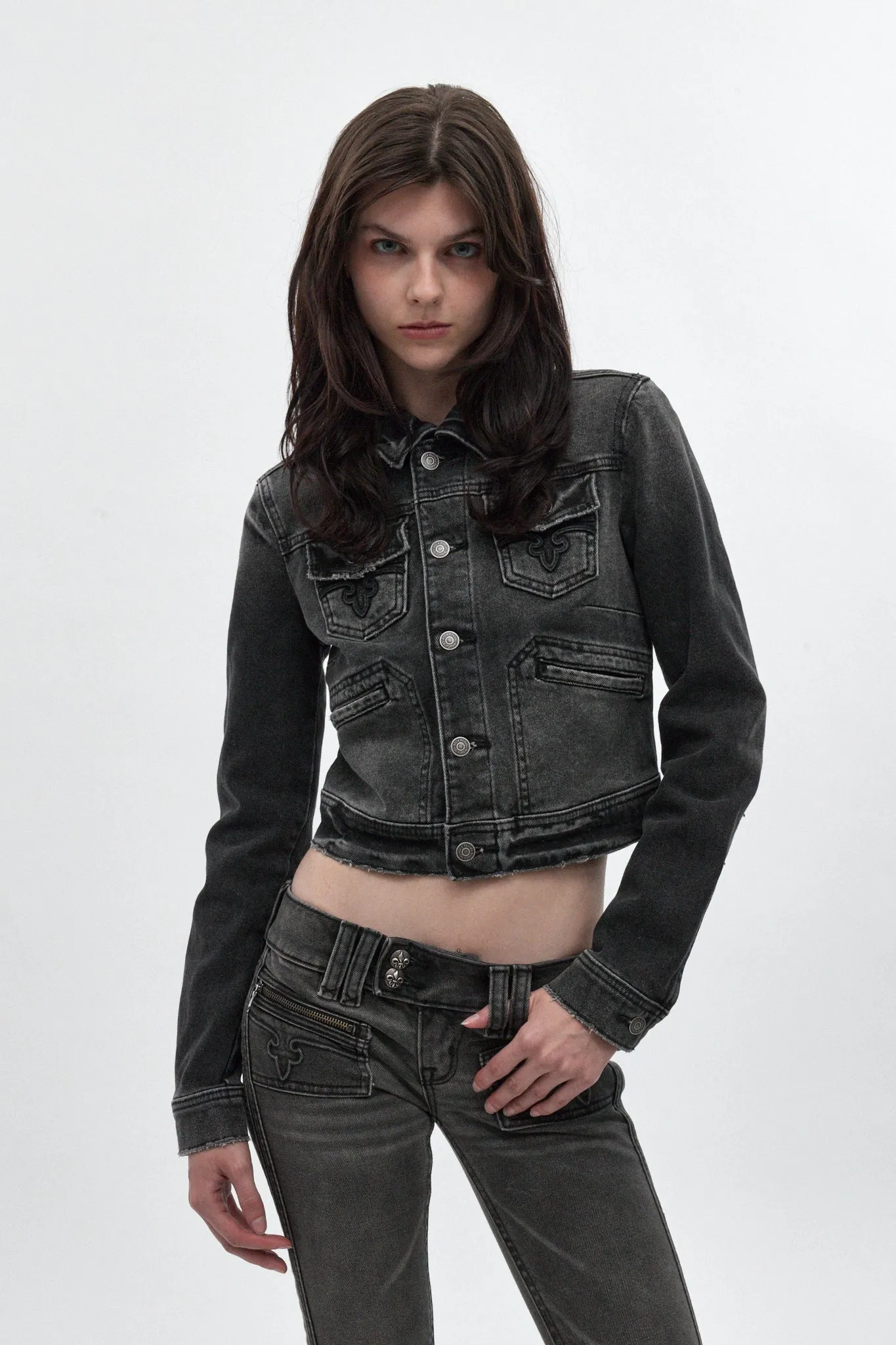 Gwen Cropped Fitted Denim Jacket in Black Washed sold by Rock Revival