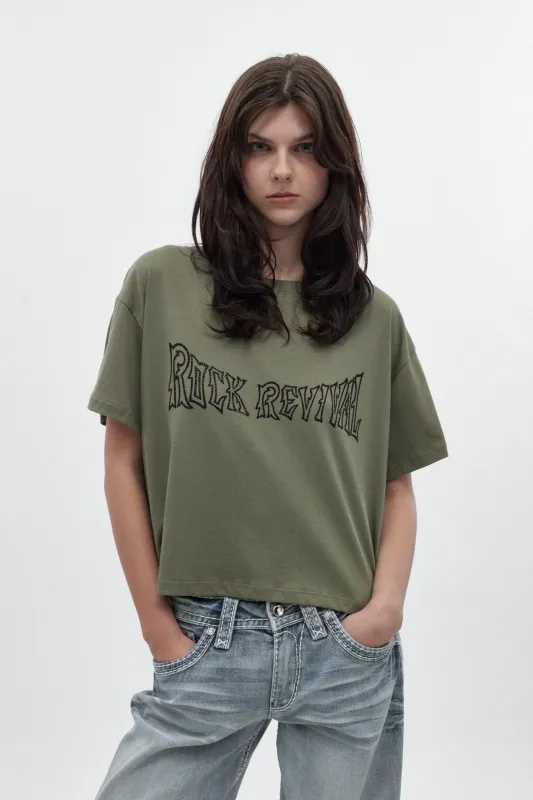 Winged Graphic Boxy Tee in Olive made by Rock Revival
