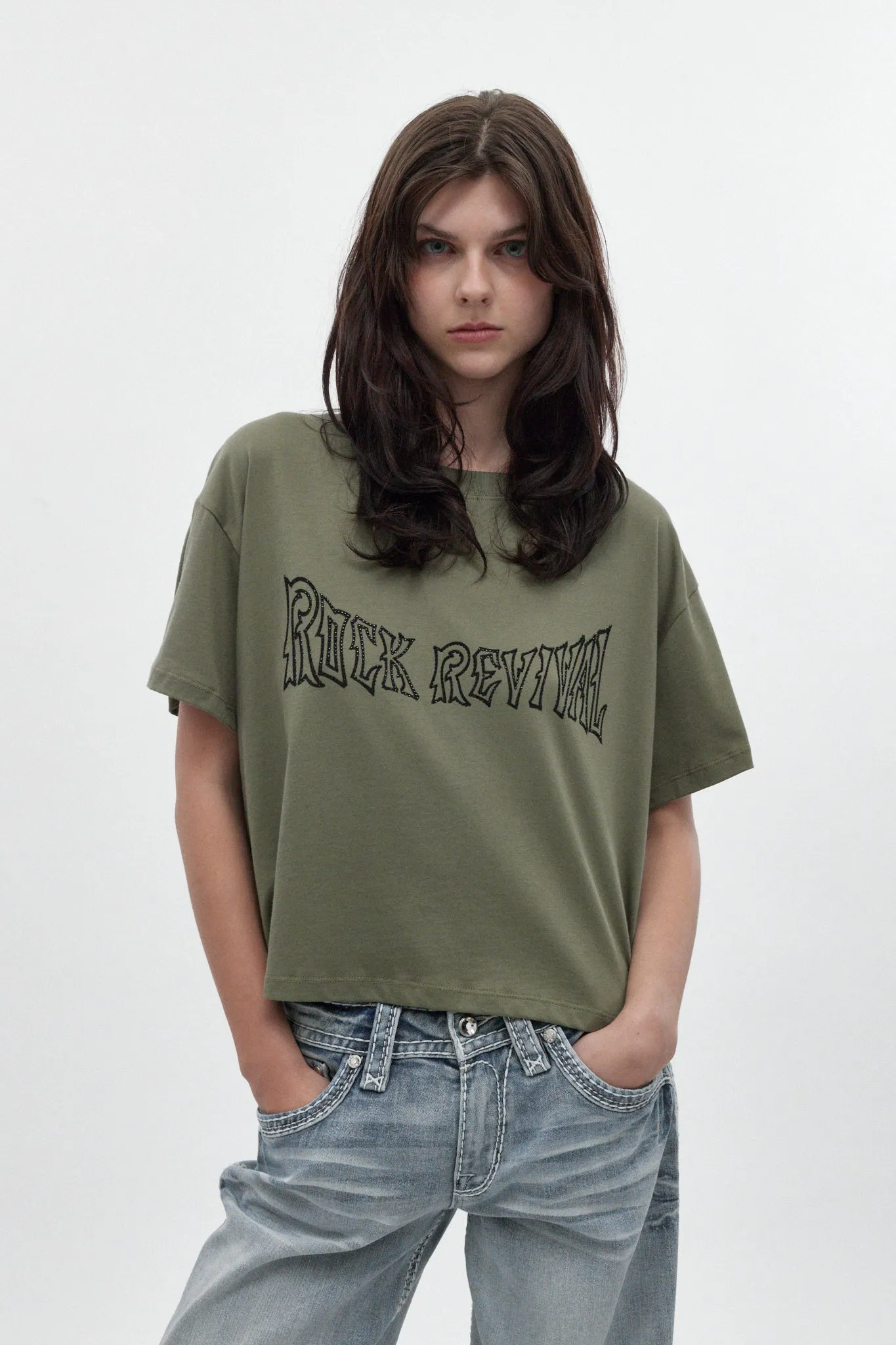 Winged Graphic Boxy Tee in Olive sold by Rock Revival