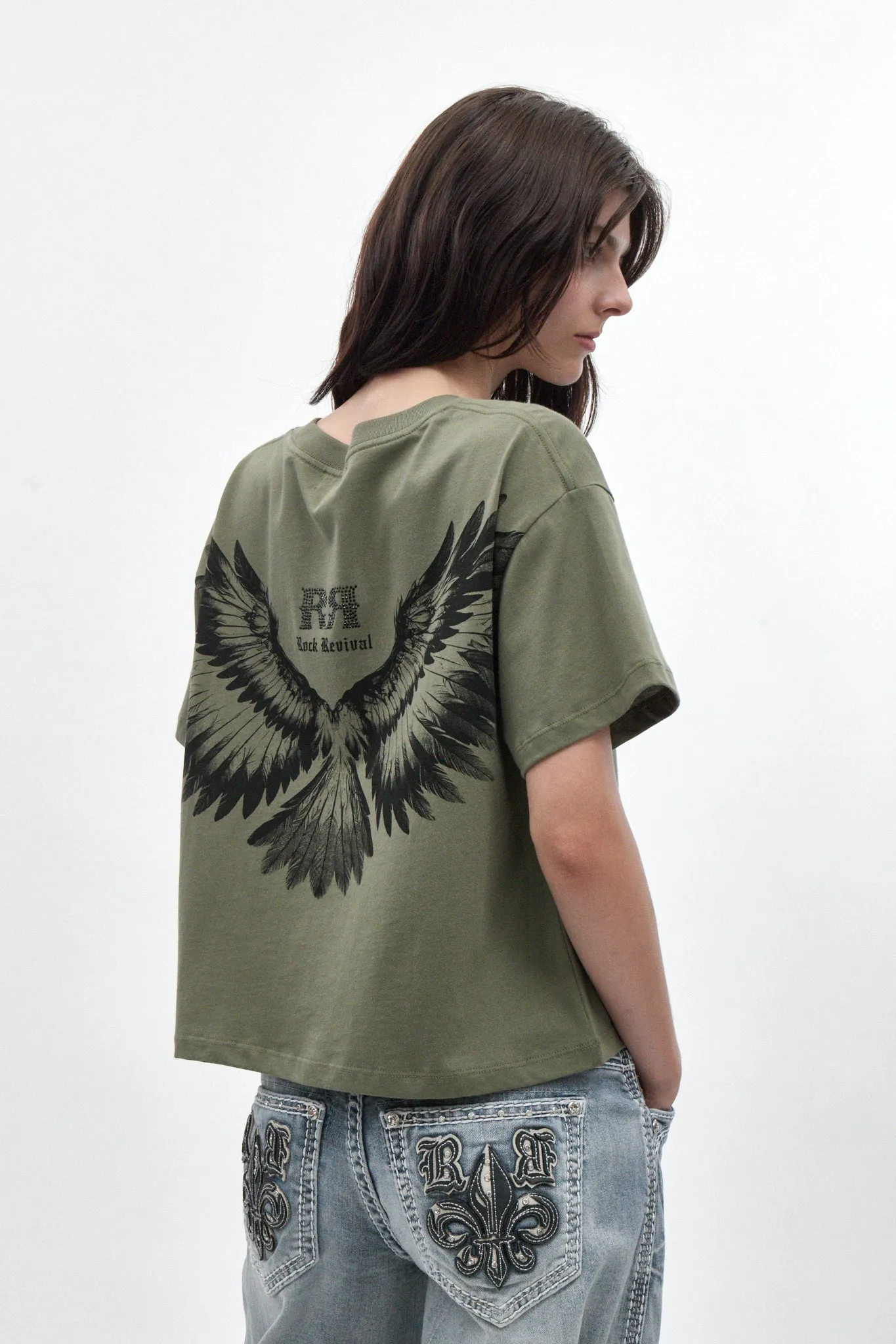 Winged Graphic Boxy Tee in Olive sold by Rock Revival product image thumbnail 2