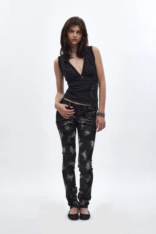 Camille Super Low-Rise Moto Skinny Jean in Black Granite. Black Coating made by Rock Revival