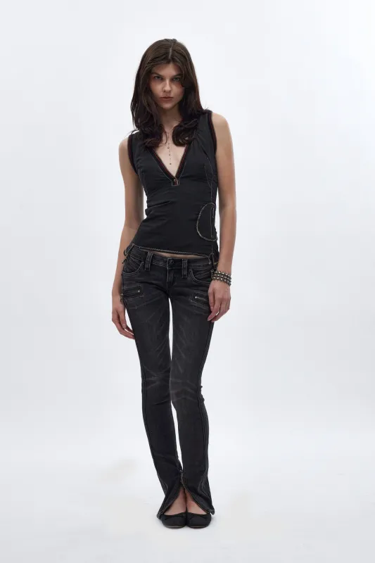 Camille Super Low-Rise Moto Skinny Jean in Charcoal Black made by Rock Revival