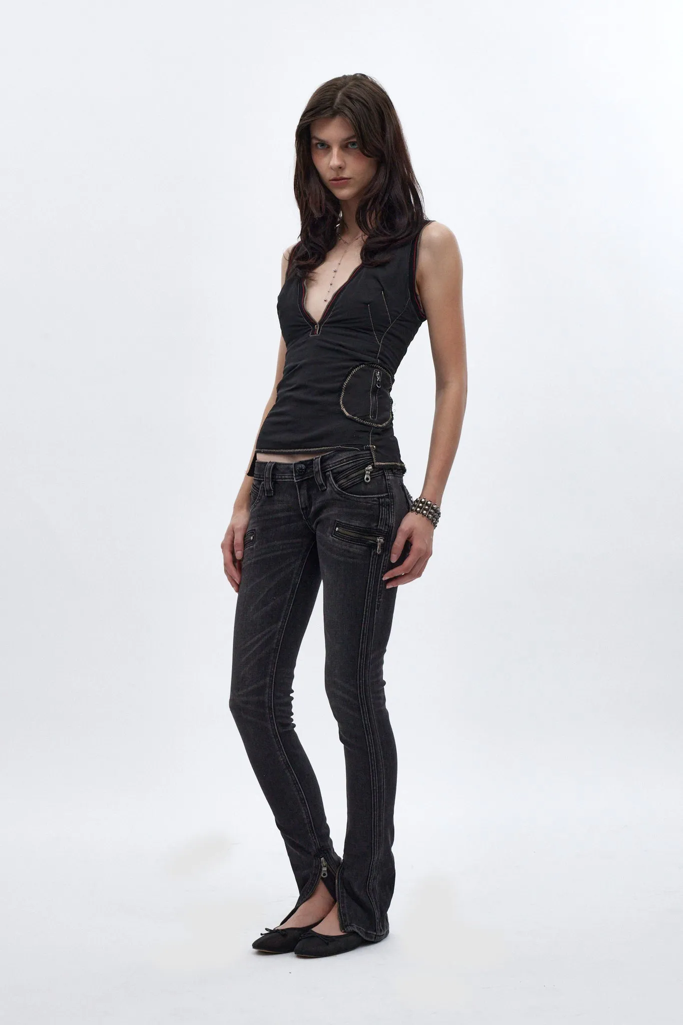 Camille Super Low-Rise Moto Skinny Jean in Charcoal Black sold by Rock Revival product image thumbnail 5