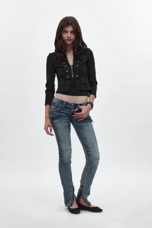 Camille Super Low-Rise Moto Skinny Jean in Medium Blue made by Rock Revival