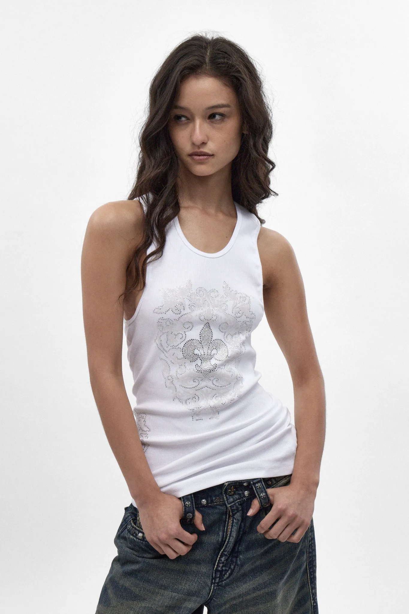 Rock Revival by Jaded London Rhinestone Fleur de Lis Vest Top (W) sold by Rock Revival