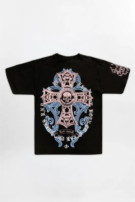 Cross Forme Tee in Black Dust/Pink/Blue made by Rock Revival