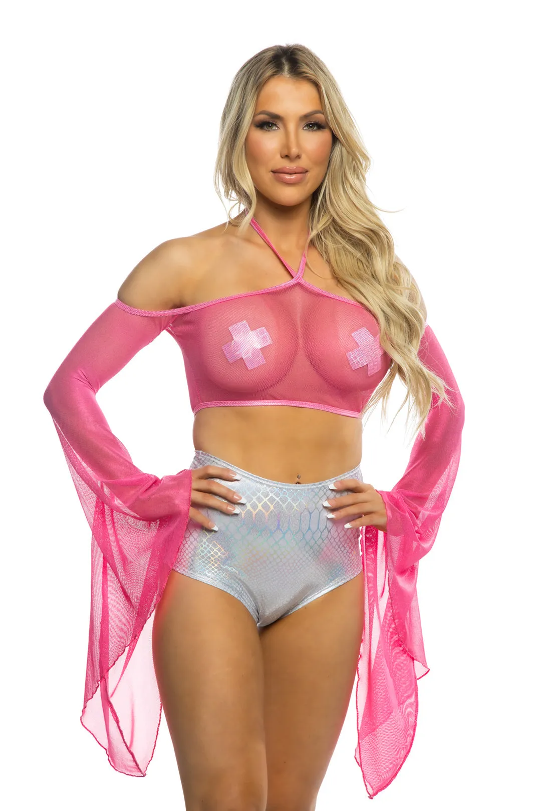 JR237 - Coated Fishnet Flair Sleeve Halter sold by Roma product image thumbnail 3