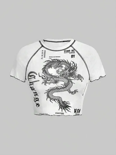 Grunge Punk Women's Dragon Pattern Mesh Raglan Sleeve Tee With Contrast Shoulder Stitching, Slim Fit, School sold by ROMWE