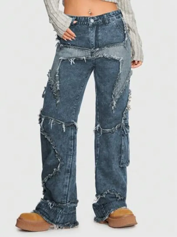 Vintage Style Star Patchwork High Waist Loose Straight Leg Denim Jeans With Washed Effect And Pockets, School sold by ROMWE