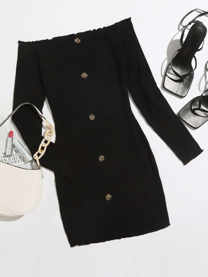 button front lettuce edge bardot dress sold by ROMWE