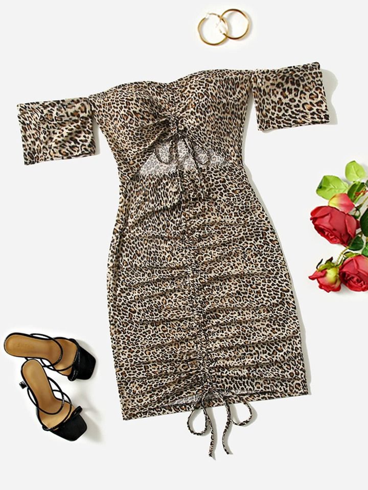 leopard print off shoulder drawstring dress sold by ROMWE