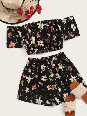 Floral Off-the-Shoulder Crop Top & Shorts Set sold by ROMWE