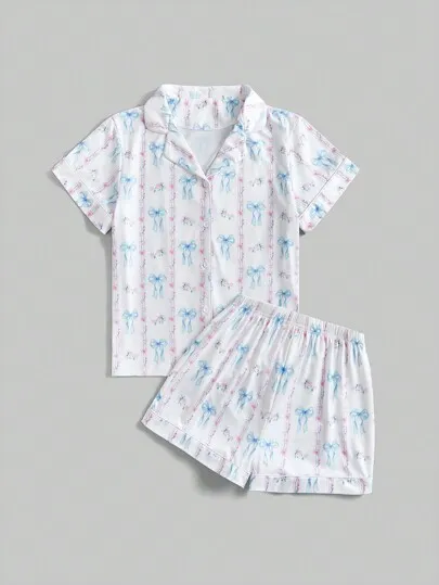 Kawaii Himekaji Bow And Floral Print Short Sleeve Pajamas Set With Lapel And Button Placket, Palace Style For Women, School sold by ROMWE