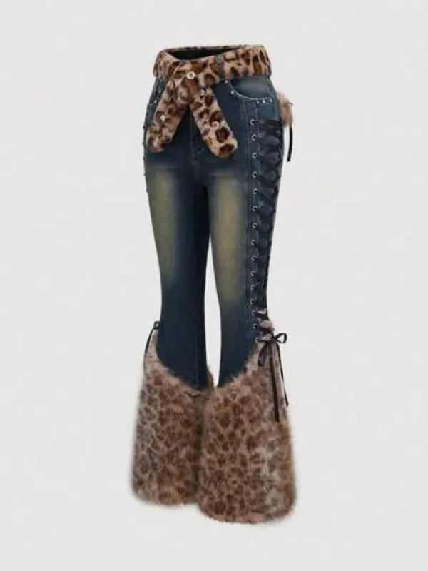 Goth Vintage Faded Patchwork Leopard Print Low Waist Jeans sold by ROMWE