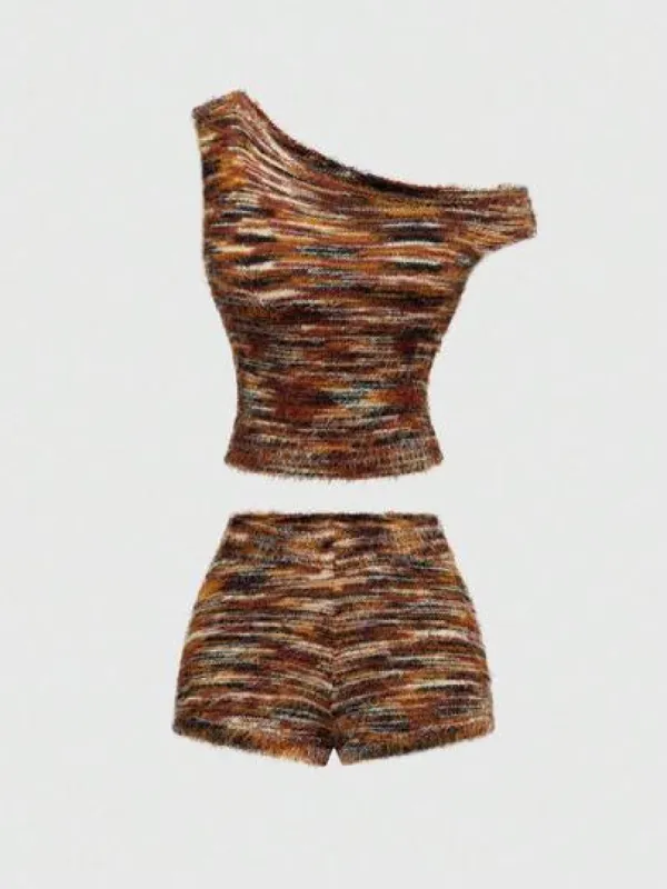 Fairycore 2pcs Vintage Mixed Color Knit Set - Off Shoulder Crop Top + High Waist Shorts, Sexy Chic Vacation Outfit made by ROMWE