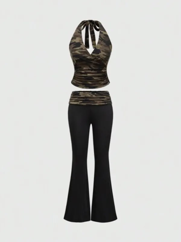 Grunge Punk Y2K Style Ruched Waist Leopard Print Halter Neck Crop Top & Super Low Waist Leopard Print Flare Pants 2pcs Set For Women sold by ROMWE