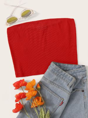 Red Rib Tube Top sold by ROMWE