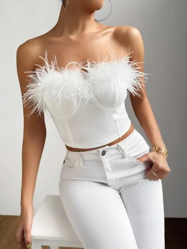1pc Fuzzy Trim Bustier Crop Tube Top sold by ROMWE