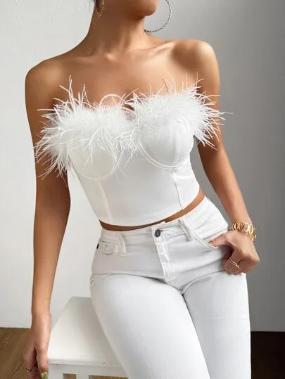 1pc Fuzzy Trim Bustier Crop Tube Top sold by ROMWE