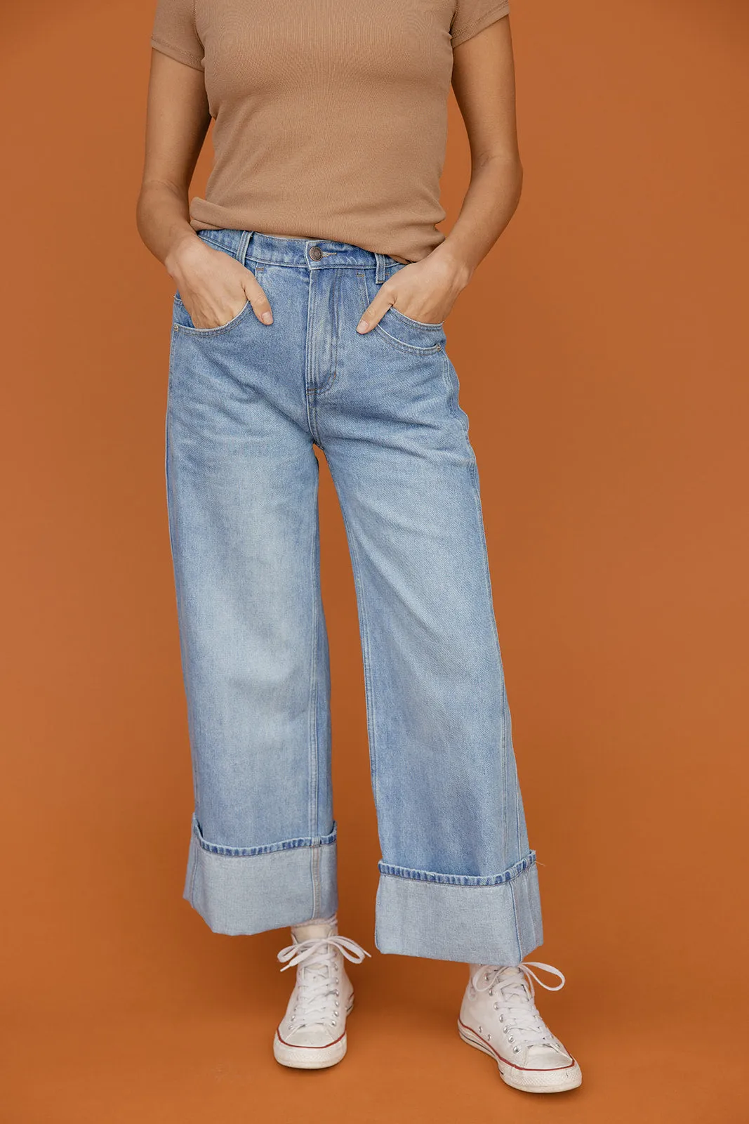 Easy Day Wide Leg Cuffed Jeans sold by Roolee