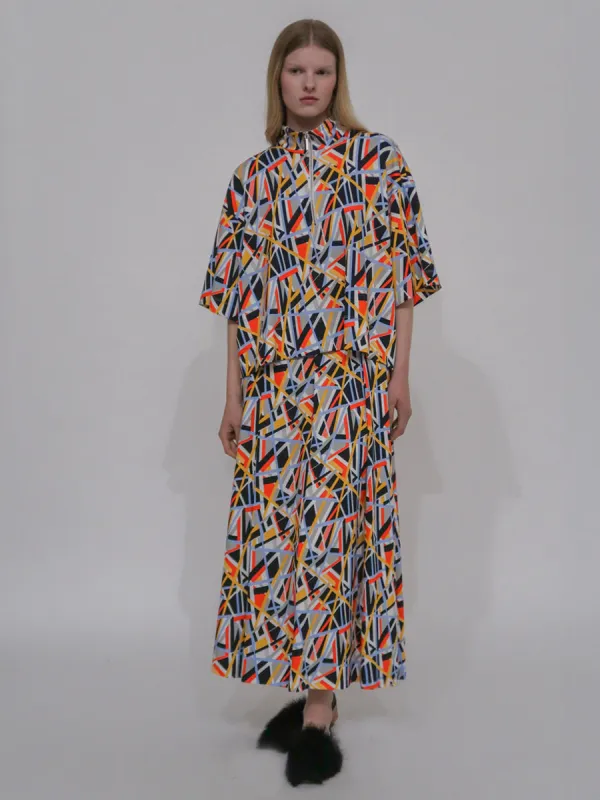 PULL-ON PLEATED MAXI SKIRT - ABSTRACT PAINT LINES made by Rosetta Getty