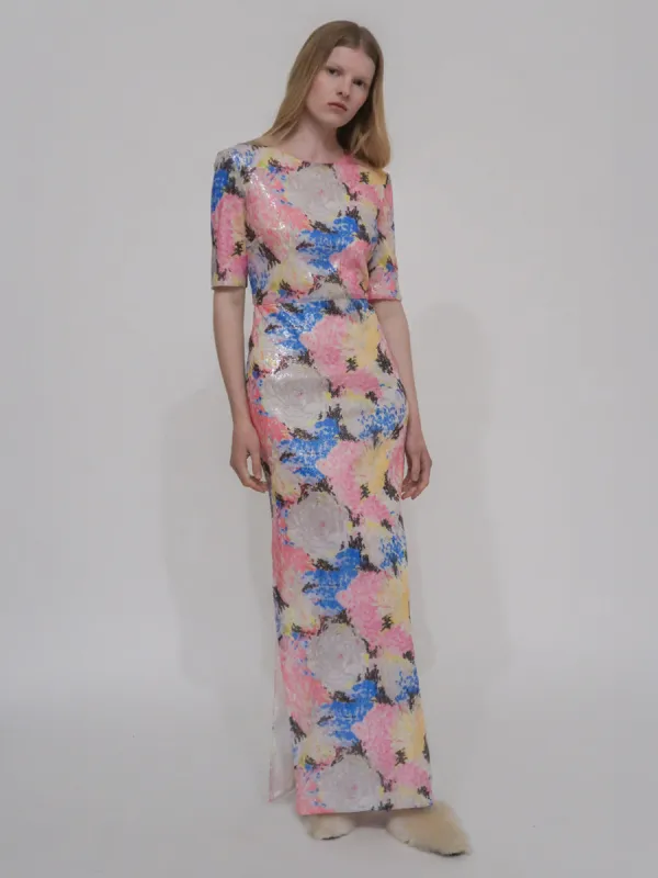 SHORT SLEEVE T-SHIRT GOWN - PAINTED FLORAL SEQUIN made by Rosetta Getty