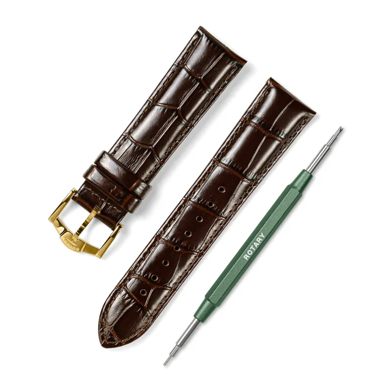 Brown Crocodile Print Leather Strap – 22mm | Gold Buckle made by Rotary Watches