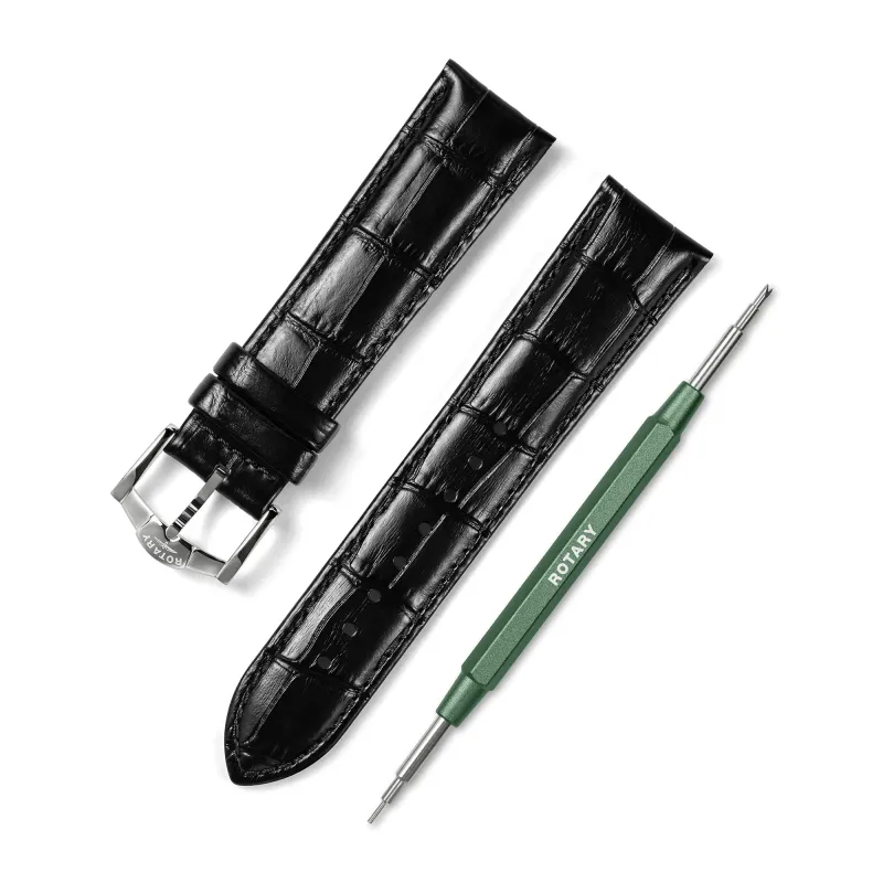 Black Crocodile Print Leather Strap – 22mm | Stainless Steel Buckle made by Rotary Watches