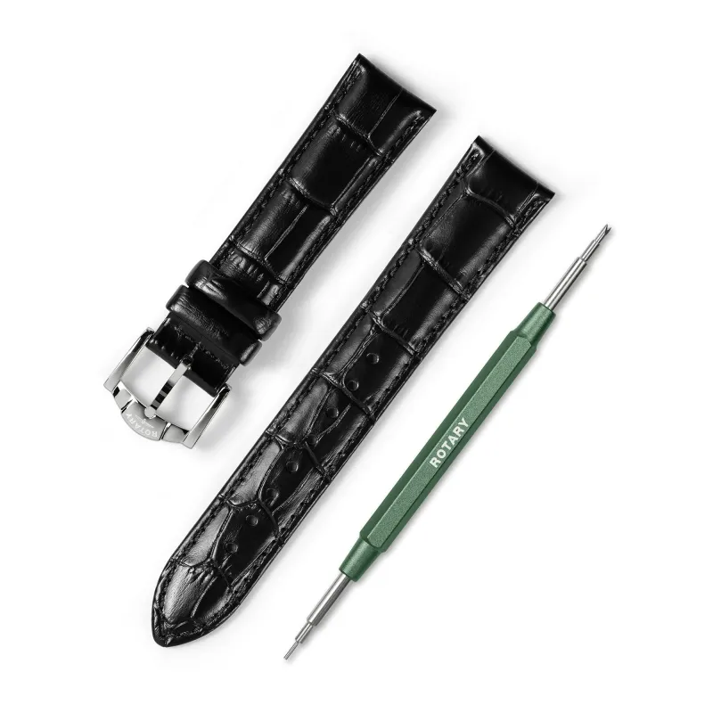 Black Crocodile Print Leather Strap – 20mm | Stainless Steel Buckle made by Rotary Watches