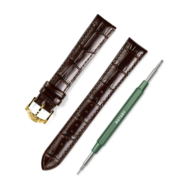 Brown Crocodile Print Leather Strap – 18mm | Gold Buckle made by Rotary Watches