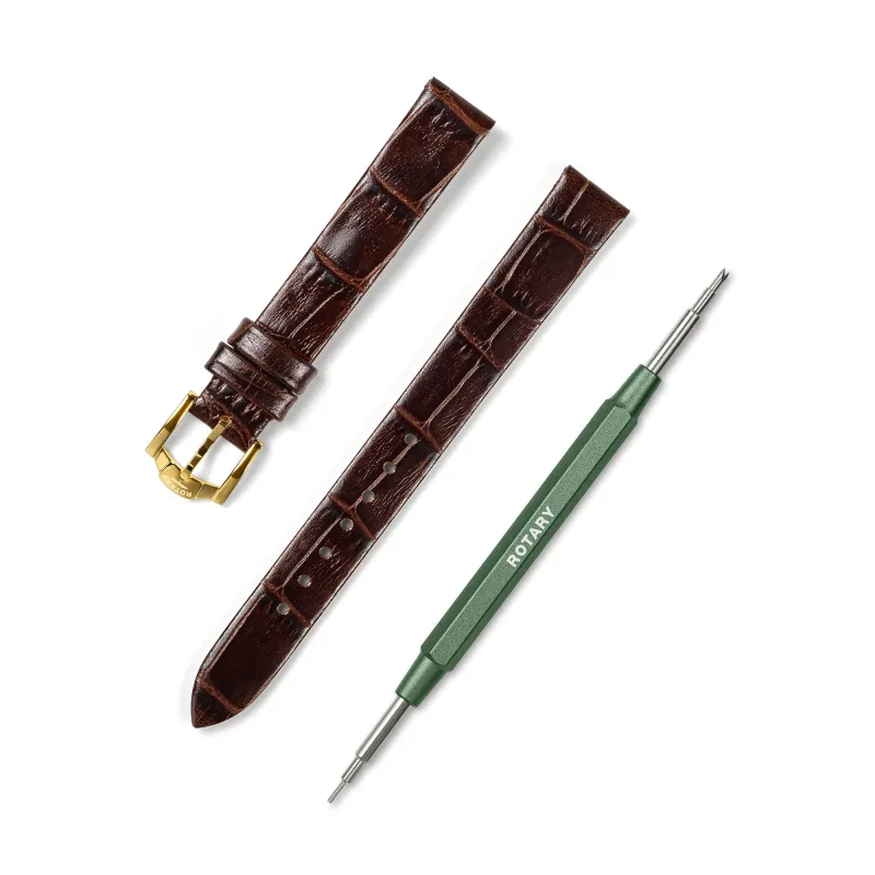 Brown Crocodile Print Leather Strap - 13mm | Gold Buckle made by Rotary Watches