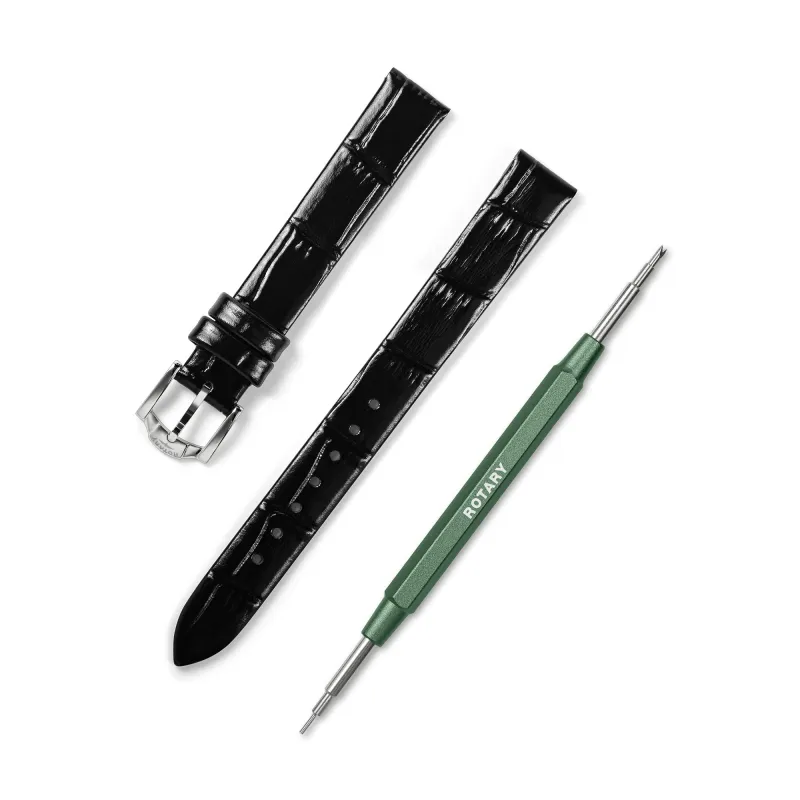 Black Crocodile Print Leather Strap - 13mm | Stainless Steel Buckle made by Rotary Watches