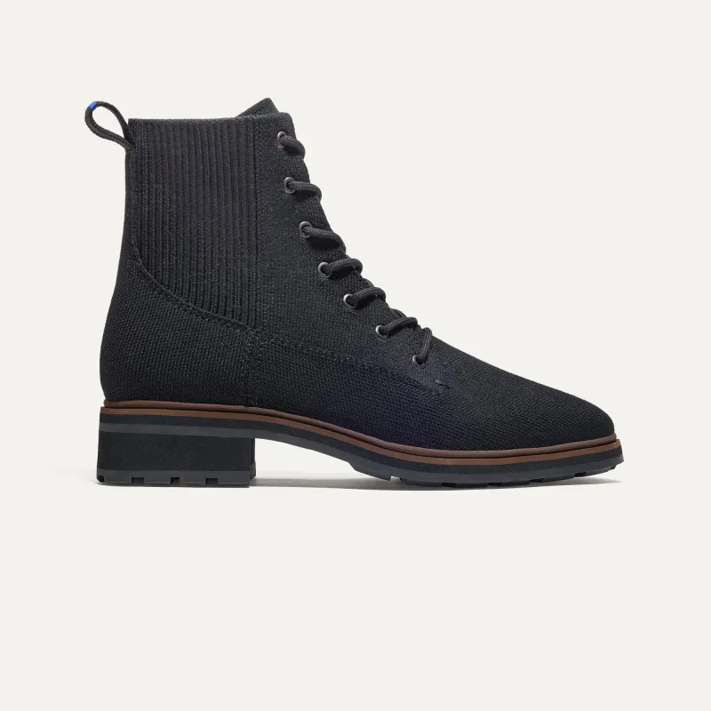 The Laced Lug Boot - Onyx Black sold by Rothy's