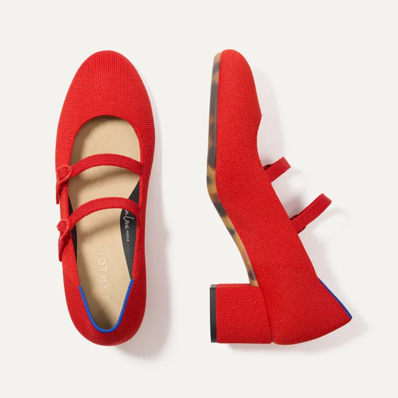 The Double Buckle Mary Jane Heel - Bright Red sold by Rothy's