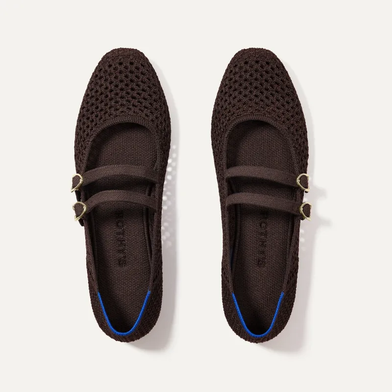 The Double Buckle Mary Jane - Chocolate Mesh sold by Rothy's