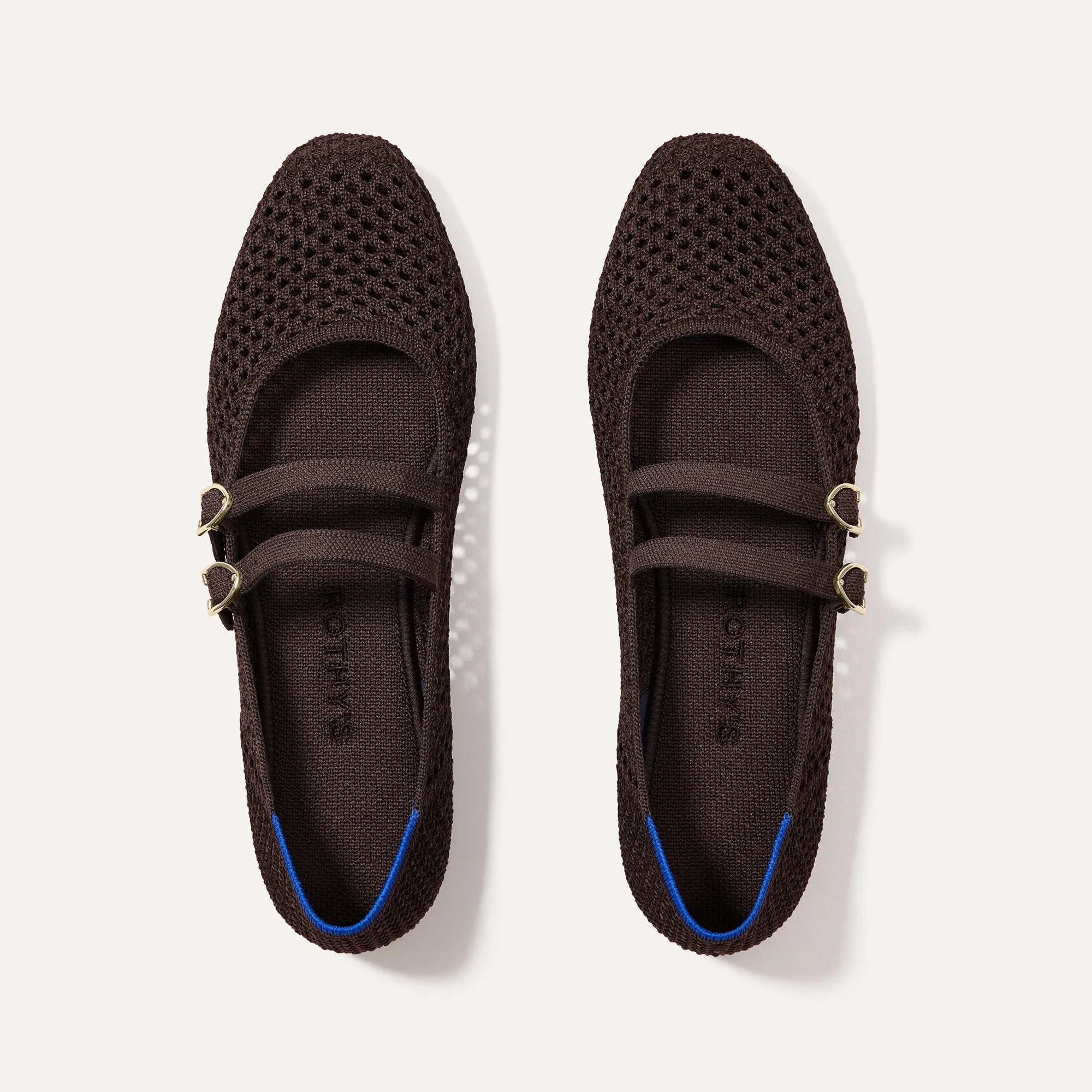 The Double Buckle Mary Jane - Chocolate Mesh sold by Rothy's