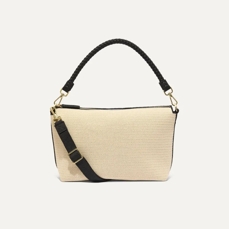 The Daily Crossbody - Black and White Raffia-Knit made by Rothy's