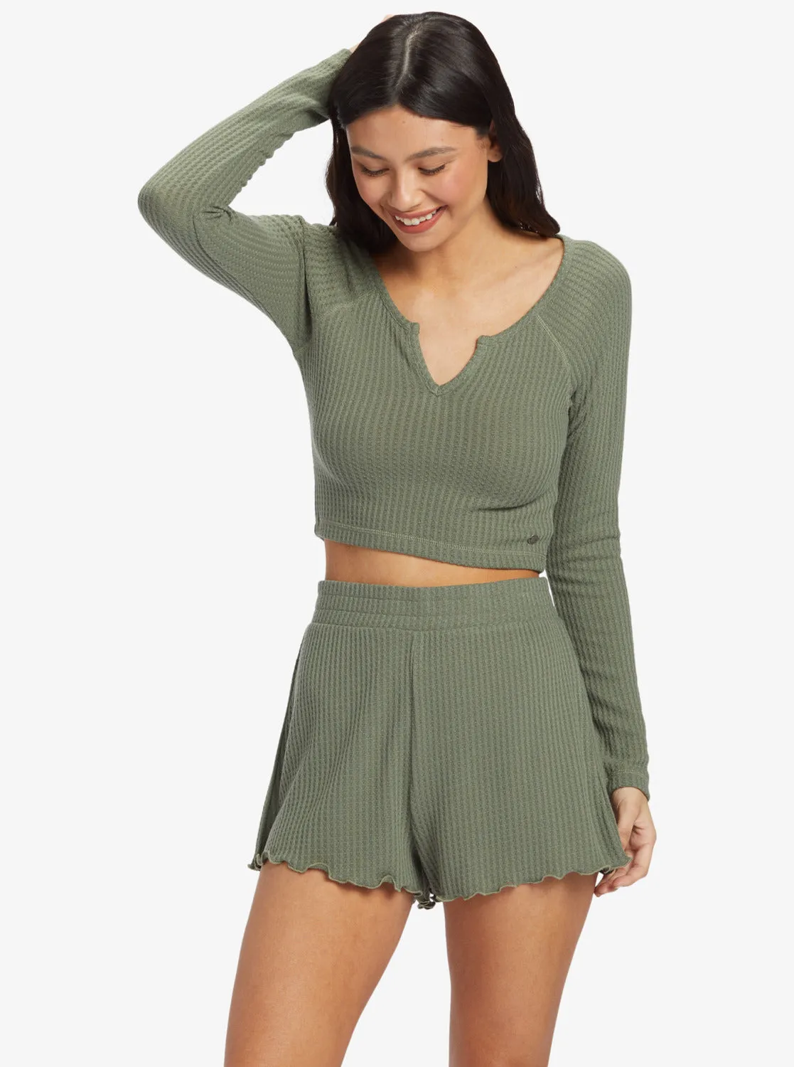 Cropped Long Sleeve Waffle Top - Agave Green sold by Roxy