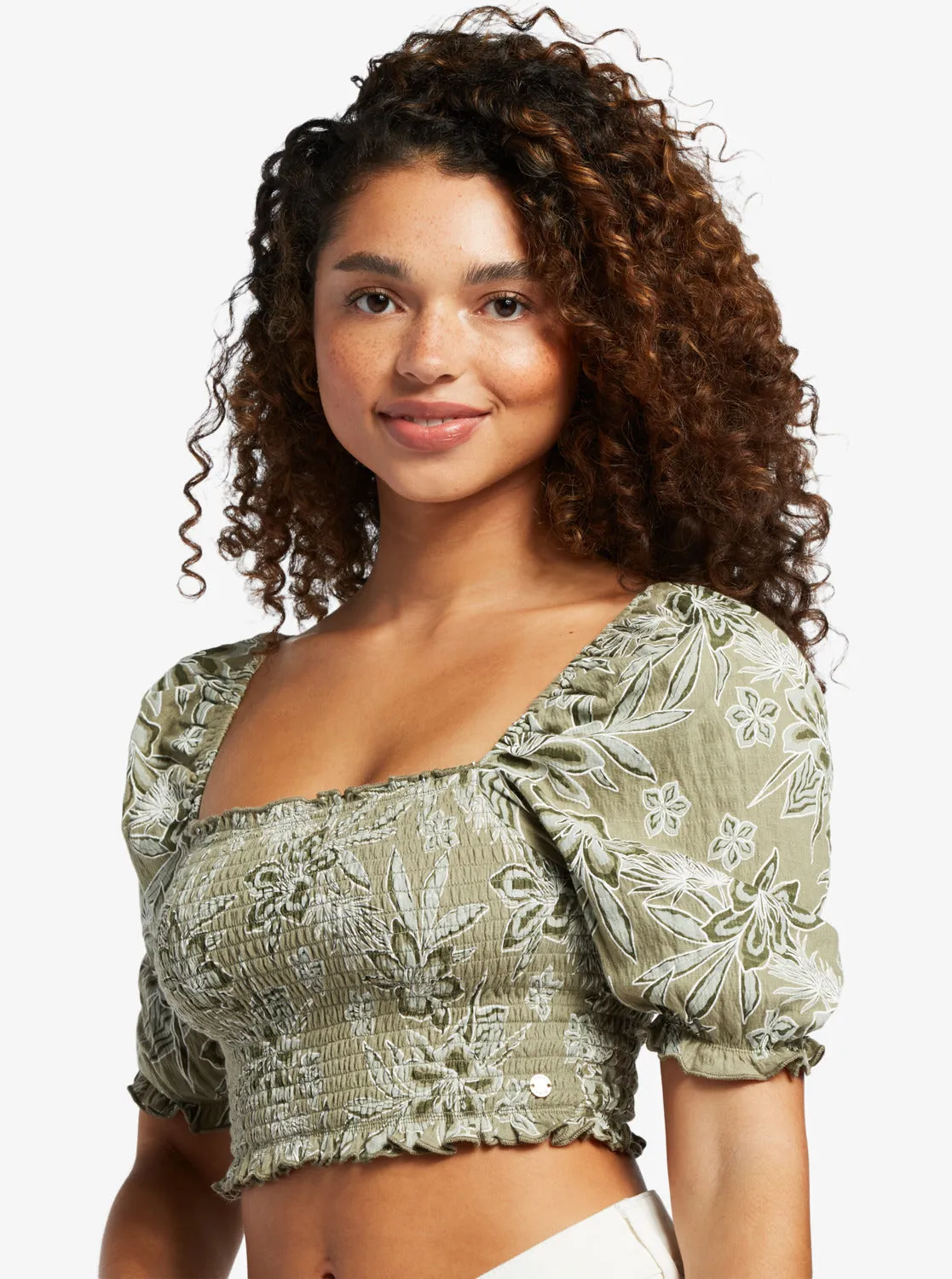 Sunset Walks Puff Sleeve Crop Top - Deep Lichen Wild Oasis sold by Roxy product image thumbnail 3