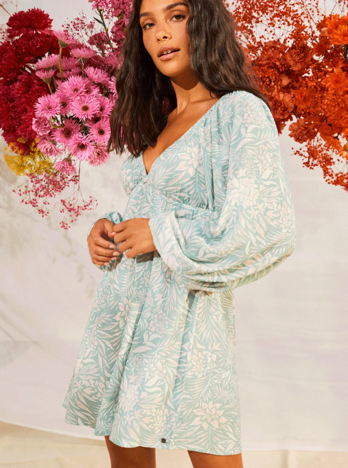 Sweetest Shores Puff Sleeve Dress - Blue Surf Planao Apparel sold by Roxy