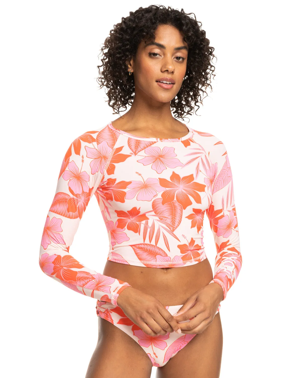 Crop Top Cropped Long Sleeve Rashguard - Pale Dogwood Lhibiscus sold by Roxy